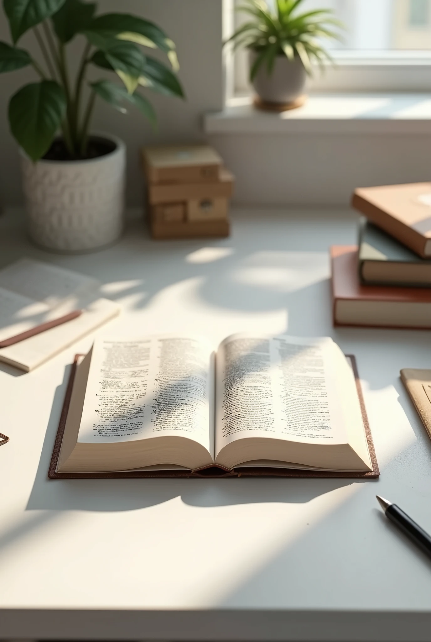 open bible on white desk with study environment central aerial view
