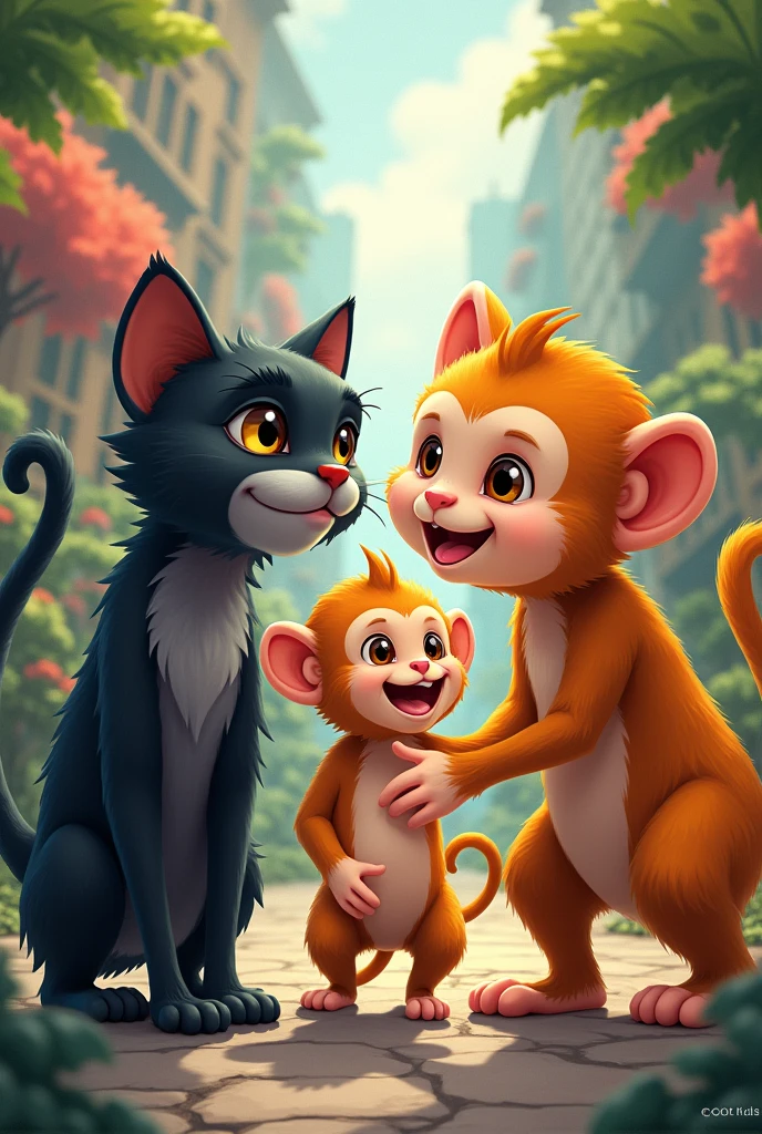 Illustration of 3 monkeys and 2 cats, one of which is orange and the other black