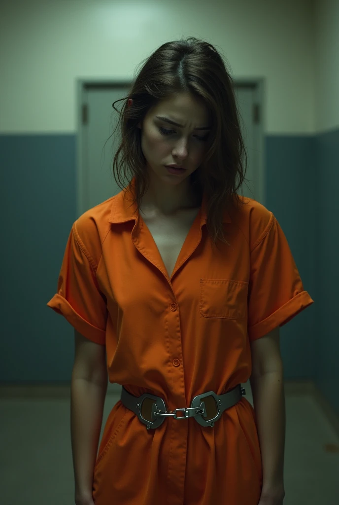 celeste heads Beautiful American girl kn jail. She wears an orange prison uniform, 