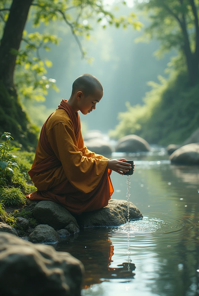 Young Monk filled the cup by stream