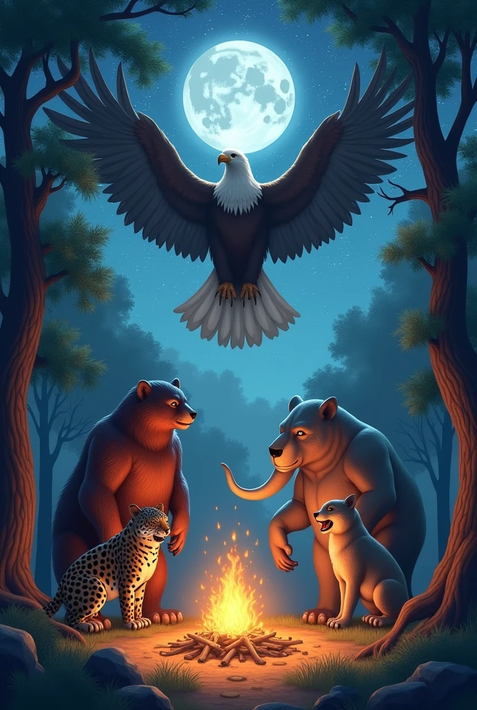 a jaguar, a bear and an elephant together, Above them a giant eagle with open wings covers them, in front of a campfire in a forest surrounded by trees with a clear sky full of bright stars and a full moon 