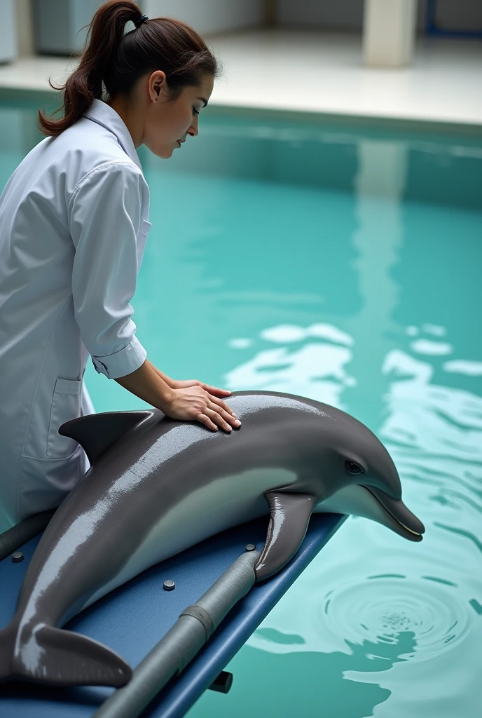 A dolphin on a stretcher receiving a back massage from a physiotherapist