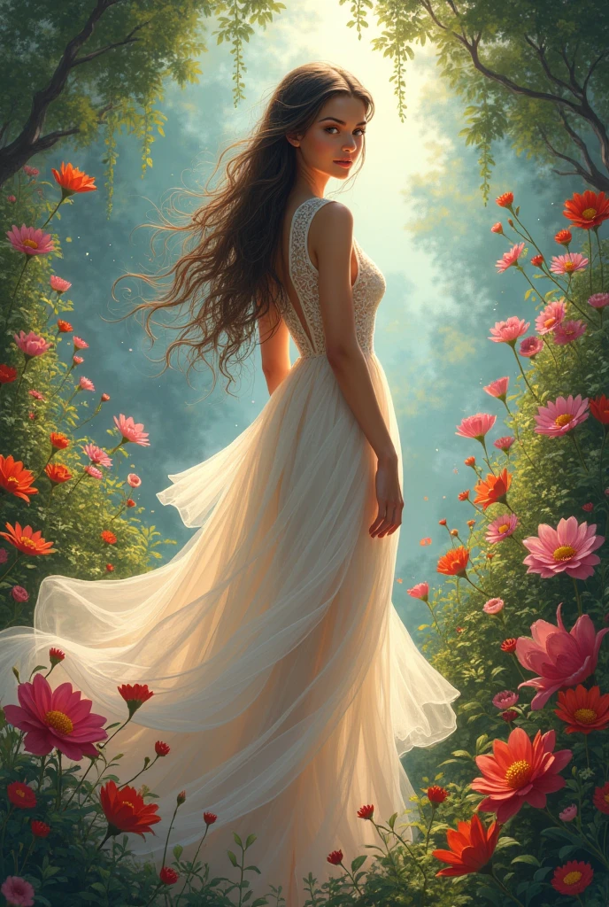 beautiful girl with long dress at magical flower garden,beautiful, stunning, ultra HD,, ultra hd ,fashion illustration