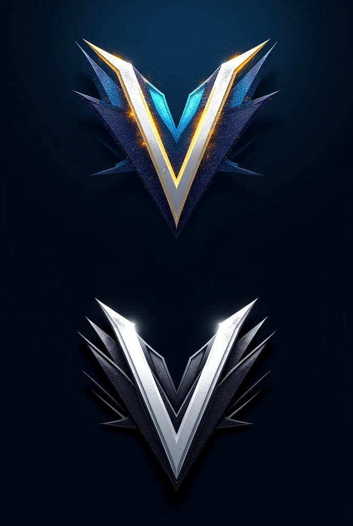 create two e-sports style logos with the letter V, with small vanguard writing above. one blue with gold and another version of the same black and white