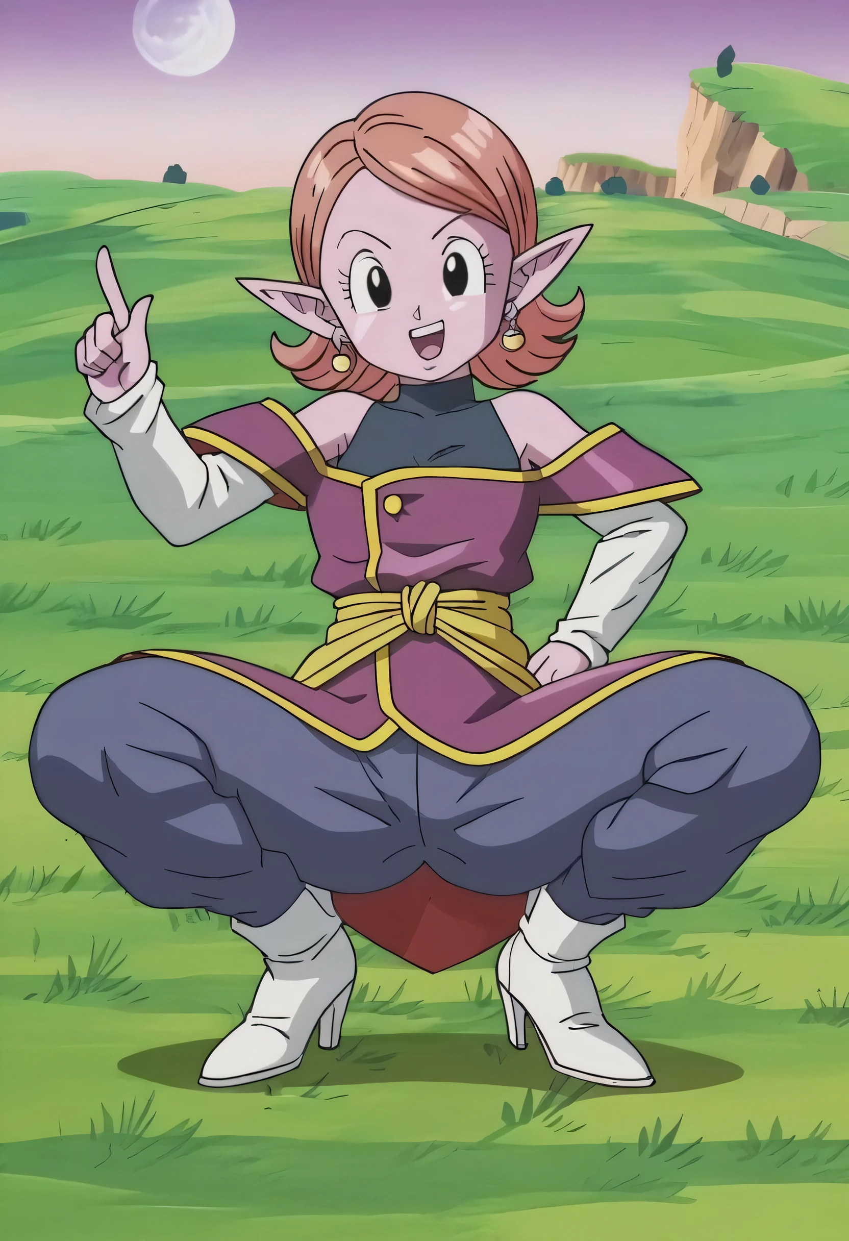 source_anime, score_9, score_8_up, score_7_up, anime screencap,8k, absurdres, 
chronoa, potara earrings, orange hair, pointy ears, black eyes, colored skin, purple skin,
bare shoulders, potara earrings, off shoulder, detached sleeves, white sleeves, purple tunic, sleeveless turtleneck leotard, kai tunic, blue pants, high heel boots, white footwear, 
squatting, pointing at viewer, grass, tree, smile teeth, from below, official style, 
 
