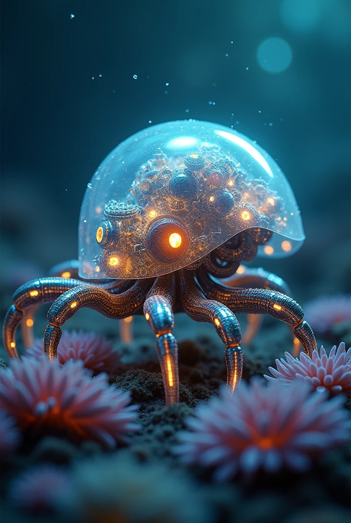 ( perfect anatomy ) Biomechanically glowing eight-legged sea creature octopus head,Made of metal and gears,The shell is very transparent,movie light head,The shell is very transparent,Smooth and soft to the touch(Partially transparent design lets you see the inner workings) ,bioluminescencebasketfluorescent (Mechanical giant octopus )Dark blue deep sea bottom soft feeling sea anemone ethereal mysterious creature intricate dynamic close-up background, Delicate and surreal science fiction art aesthetic light and shadow movie special effects high resolution image surreal texture high resolution, Digital painting, Delicate and dynamic rendering, super high quality, masterpiece, Super detailed, Highest quality animation style high definition presentation