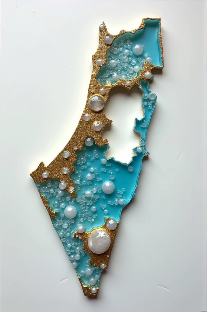 Palestine map made of epoxy resin with crystal mixed with light blue, gold, white and beige colors