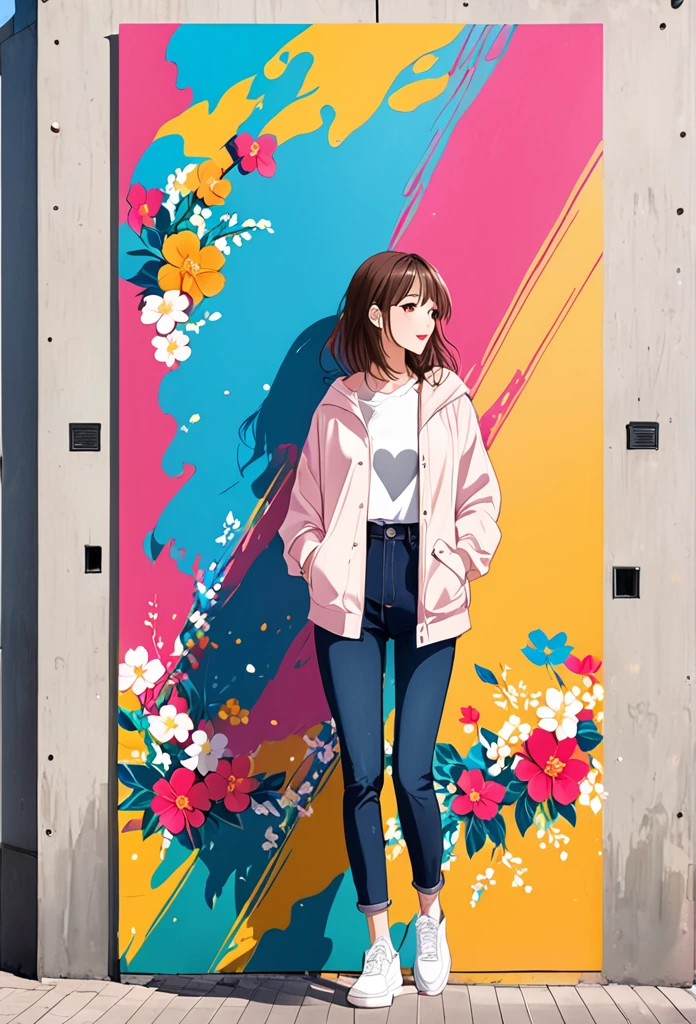 Watase Seizo style, whole body, Low - Angle, Standing in front of a high wall,Simple line initials,Abstract art,Urban Background, (((The most beautiful girl))), Lips in Love, walk, Colorful flowers, colorful,