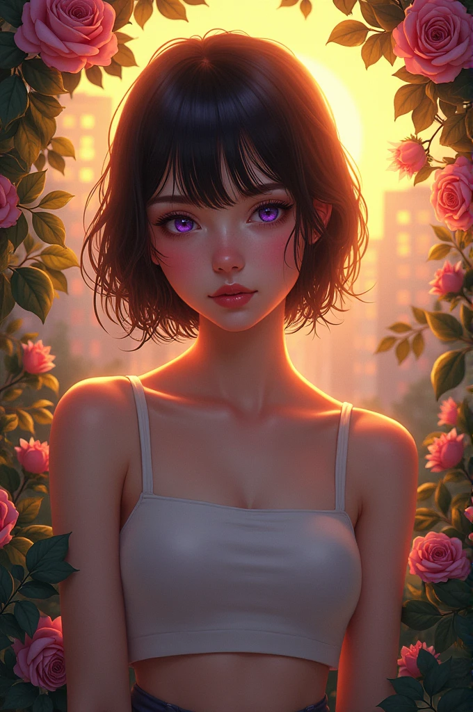 realist, 1 girl, by white, purple eyes, bright Eyes, crop top, Skirt, Chapped lips, blush, evening, flores, sun, sunlight,