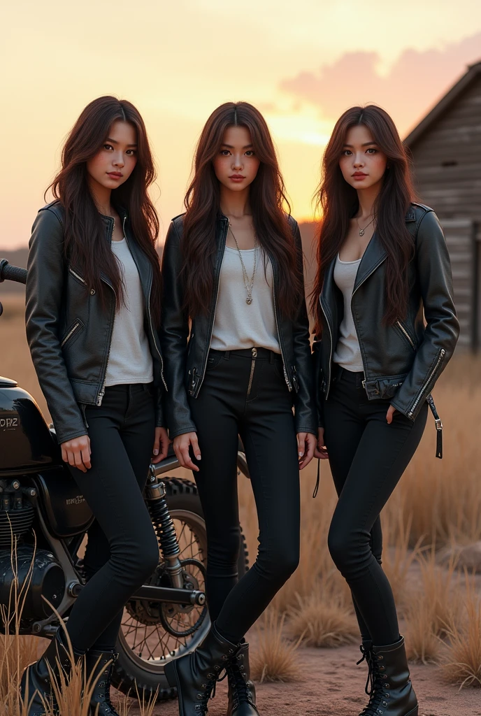 (photorealism:1.2), a 3 Asian woman, long brown hair, wearing a black leather jacket, white t-shirt, black pants, boots, standing leaning against a trail motorbike, the background is dry land, dry weeds, an old house made of wood, a beautiful twilight sky