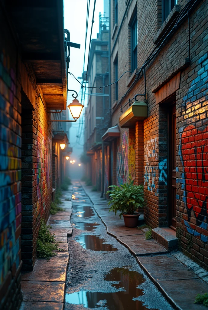 Here's a detailed prompt for generating a hyper-realistic 8K cinematic image:

"Create a hyper-realistic 8K cinematic scene of an urban environment. The setting features a gritty alley with exposed brick walls, covered in vibrant graffiti art. The walls are damp, with visible signs of moisture seeping through the cracks. The ground is uneven, with puddles reflecting the dim light from a distant streetlamp. The atmosphere is heavy with the sounds of a bustling city in the background, creating an immersive, raw urban experience. The scene should feel gritty yet artistically vibrant, capturing the essence of a street that tells a story through its textures and colors."