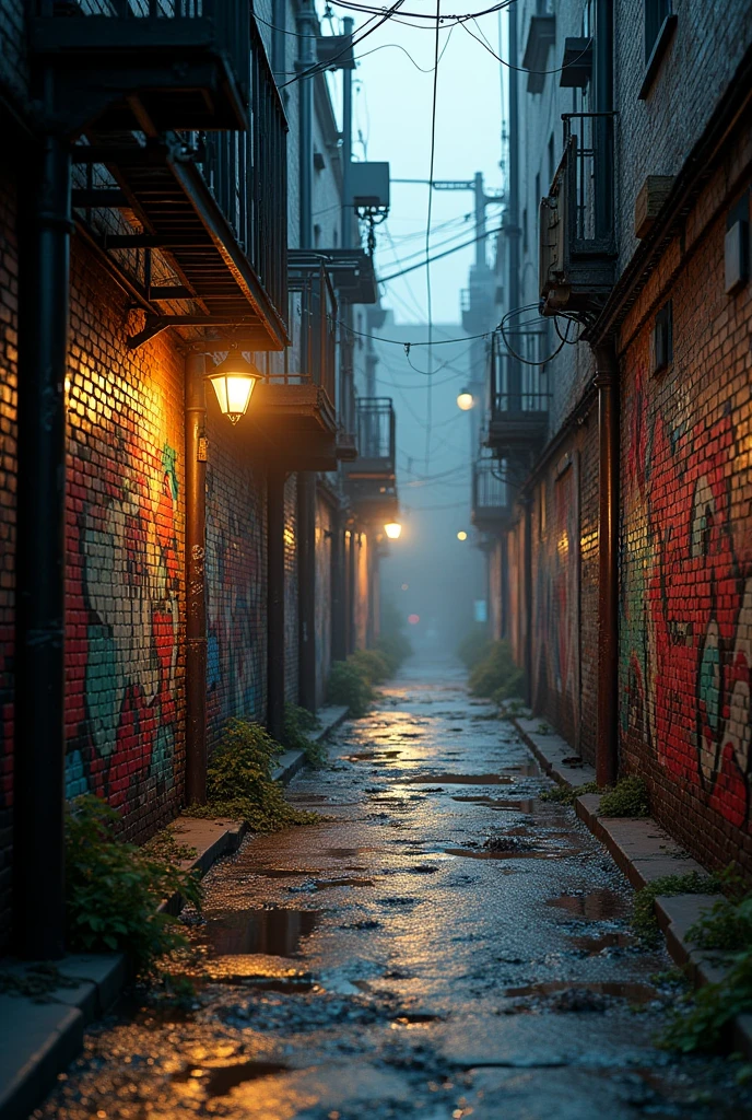 Here's a detailed prompt for generating a hyper-realistic 8K cinematic image:
"Create a hyper-realistic 8K cinematic scene of an urban environment. The setting features a gritty alley with exposed brick walls, covered in vibrant graffiti art. The walls are damp, with visible signs of moisture seeping through the cracks. The ground is uneven, with puddles reflecting the dim light from a distant streetlamp. The atmosphere is heavy with the sounds of a bustling city in the background, creating an immersive, raw urban experience. The scene should feel gritty yet artistically vibrant, capturing the essence of a street that tells a story through its textures and colors."