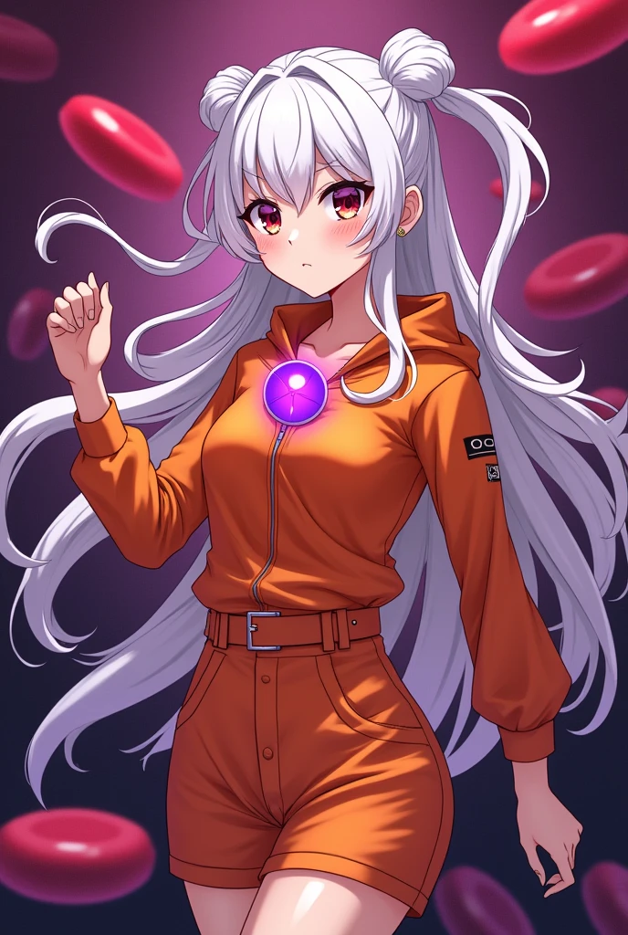 Generate an image in the style of RPG cards: It must have a character in the middle doing some pose, the character will be a woman and not muscled, more anime. Try to put orange clothes on him, it must have some part purple looking like a nuclei. this character needs to be white. If you can, design an human that looks like a eosinophil cell. The background of the you can create but must be red or purple related to immunology or hematology.