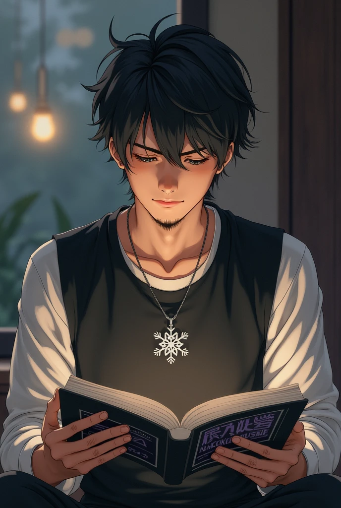 A 20 year old boy with a mid part haircut and a beard, he has a silver snowflake necklace, with a black vest and reading a manga
