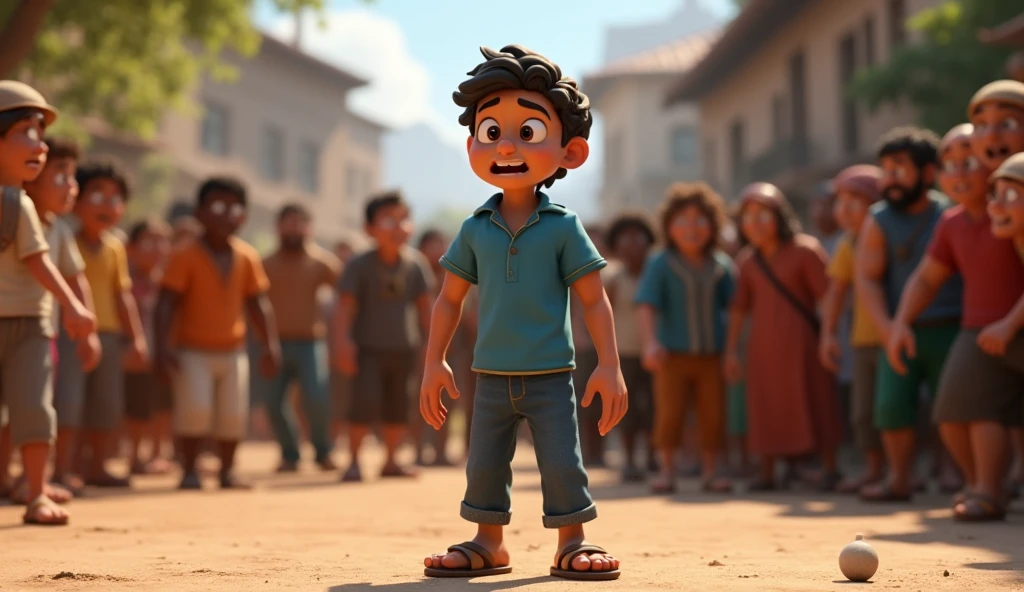 Washerman is a male, 40 years old with dark brown eyes, curly hair. He appears startled, wearing a blue-themed shirt and pants with brown sandals, suddenly noticing the angry villagers approaching him. In the background, a large group of people are walking quietly towards him. The washerman is caught off guard. Pixar 3D style.