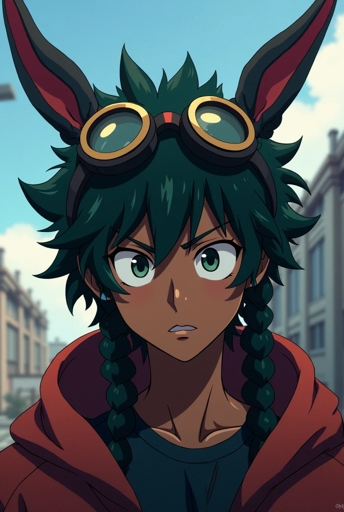 My hero academia, dark skin, dreads, goggles on head, bunny whiskers, U.A high school, Male, Teenager