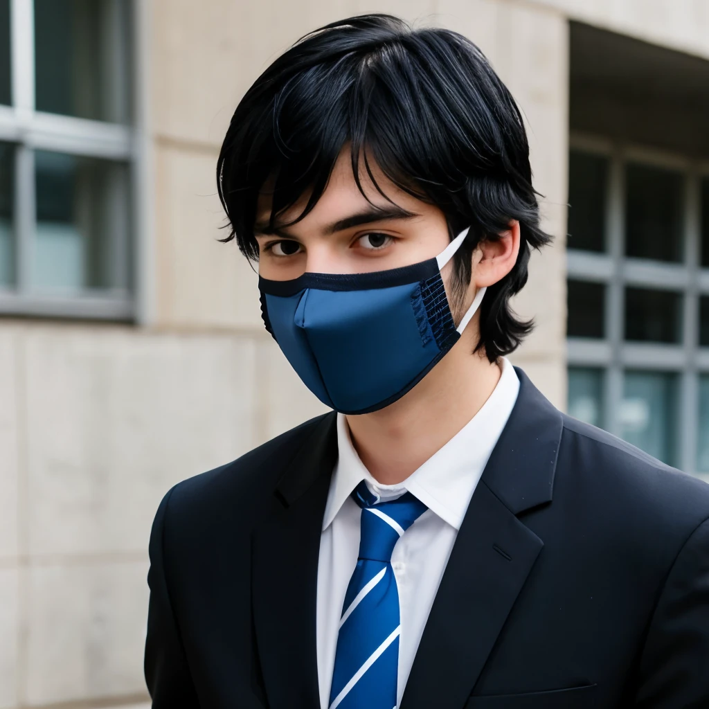 Black hair with bangs that cover his right eye. Realistic. Blue eyes. Handsome. Emo. A horizontal black and gray mask covering his mouth. A blue high school uniform. Handsome, but emo. Blue eyes and black hair. Black side swept hair. Blue eyes. Mask with stripes. Black and gray striped mask. Pale skin. Blue eyes. Noticably blue eyes. Black hair. School uniform. High school school uniform. Blue school univorm. Gray mask. Black hair. Emo. Moody. Sarcastic. Bitter. School uniform. Shaggy black hair. Blue eyes. BLUE EYES. Handsome. High school boy. Youthful face. Youthful pale face with blue eyes.