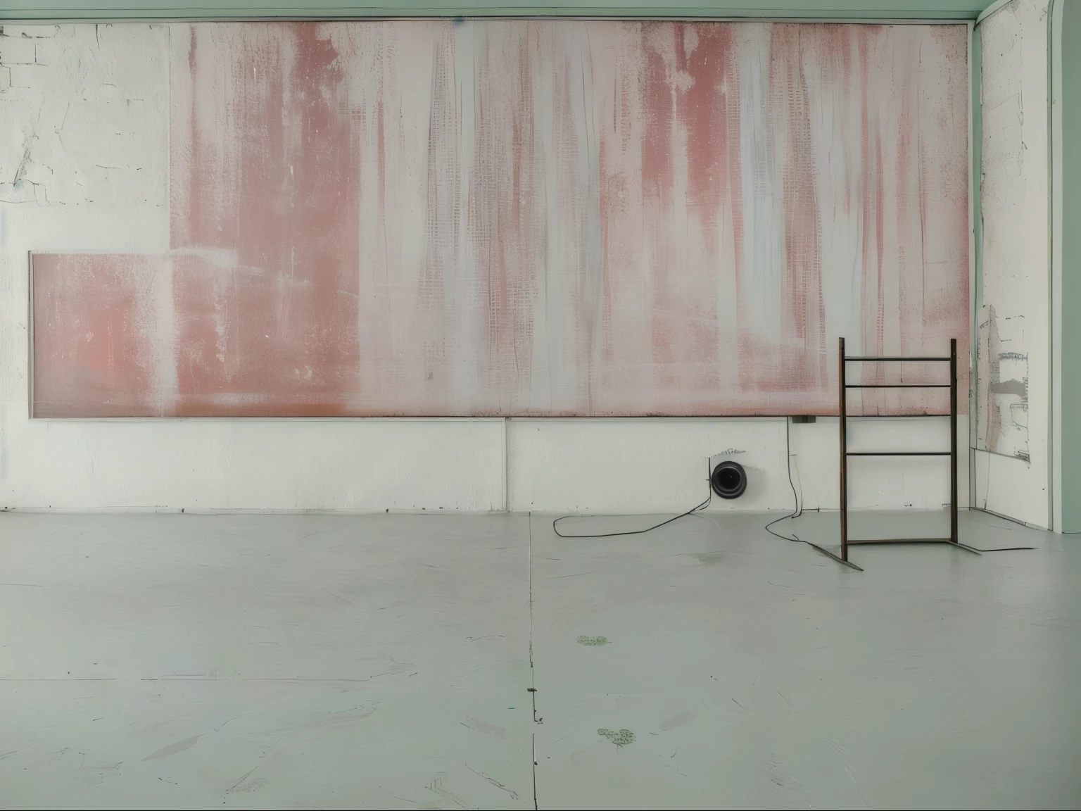 A stage measuring one and a half metres by two metres. It is 20 centimeters tall. The background of the wall is green. There are small sofas on the stage., stained glass lamps and books. No stairs. The floor of the premises is white. And the stage floor is grey.