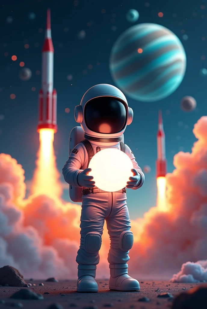 Astronaut holding white ball in front of rockets and planets in space as birthday card