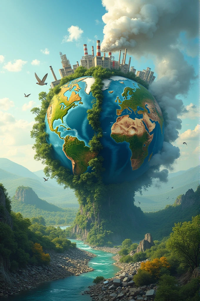 : Draw a figure that represents the Earth or society, where one part is clean and healthy, and the other is contaminated and deteriorated. The contaminated part could be full of garbage, in it, and factories, while the other party is in a natural and clean environment. This symbolizes how pollution creates inequalities in different parts of the world..