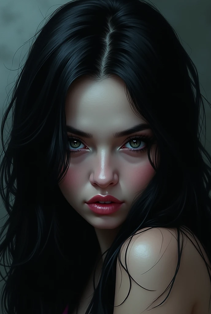 a femme fatale with long flowing hair, realistic, (best quality,4k,8k,highres,masterpiece:1.2),ultra-detailed,(realistic,photorealistic,photo-realistic:1.37),HDR,UHD,studio lighting,ultra-fine painting,sharp focus,physically-based rendering,extreme detail description,professional,vivid colors,bokeh,detailed eyes,beautiful detailed lips,extremely detailed face,long eyelashes,elegant,mysterious,seductive,captivating gaze,dramatic lighting,cinematic,chiaroscuro,moody,dark,alluring