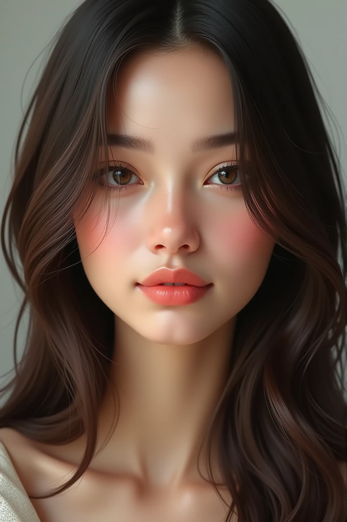 Le visage de cette femme doit être très réaliste, avec des traits symétriques et harmonieux. Ses lèvres sont pleines et naturellement rosées, son nez est fin et bien proportionné, et son teint est éclatant, uniforme, avec des pommettes hautes. Son front est lisse et bien proportionné, avec des sourcils élégamment dessinés. Ses cheveux sont longs, soyeux, et denses, ajoutant à l'ensemble une touche de grâce. Chaque détail doit refléter une beauté naturelle et équilibrée, sans exagération, pour une apparence captivante et réaliste.