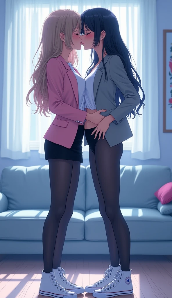 nsfw, yuri, (kiss), (2girls), closed eyes, no bra, ass turned towards me
