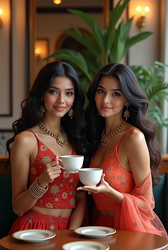 Create an image of a 2 Indian girl in a Indian culture dress with long curly hair. She is striking a unique pose in a chic restaurant, holding a cup of coffee. The setting should have a modern, sophisticated ambiance with elegant decor.