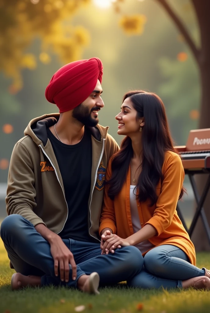 a18 years punjabi boy sir pe lal coolar ki turban pero me jute black coolar ke or hoodie pehan ke rakhi ho or hoodie pe name likha ho poorav ek pass me punjabi girl khadi ho hath pakad kr backgruand kbord pe name likha ho ,poorav and simran,ho or park me bethe ho dono girl and boy