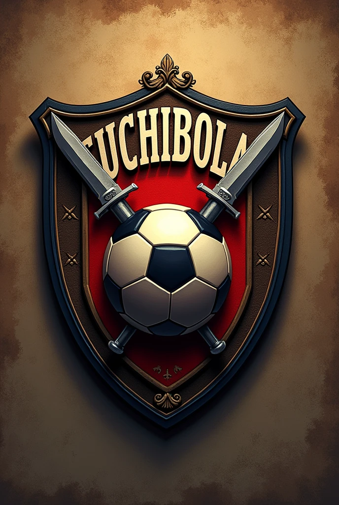 Football team shield, containing a ball and two knives, In addition to a phrase "fuchibola FC"