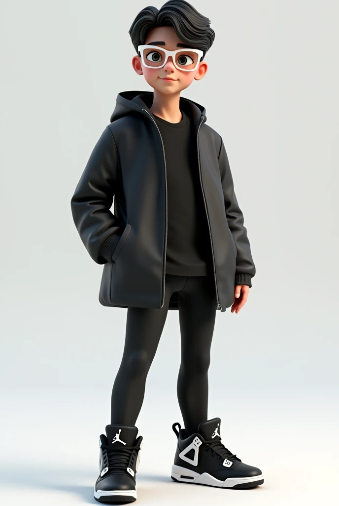 Un adolecente in 3d animation wearing a black outfit and a white glasses and a black Jordan retro 4