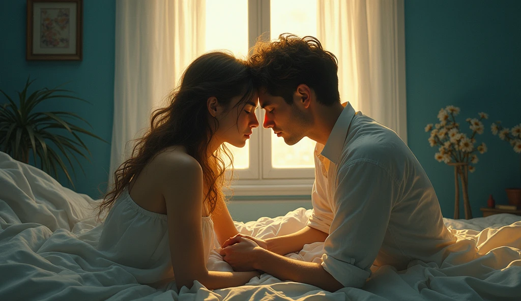 I am nothing without you man and women background , blue color, window with sunlight, relaxed pose, realistic, intricate details, warm colors, by Greg Rutkowski, by Alphonse Mucha