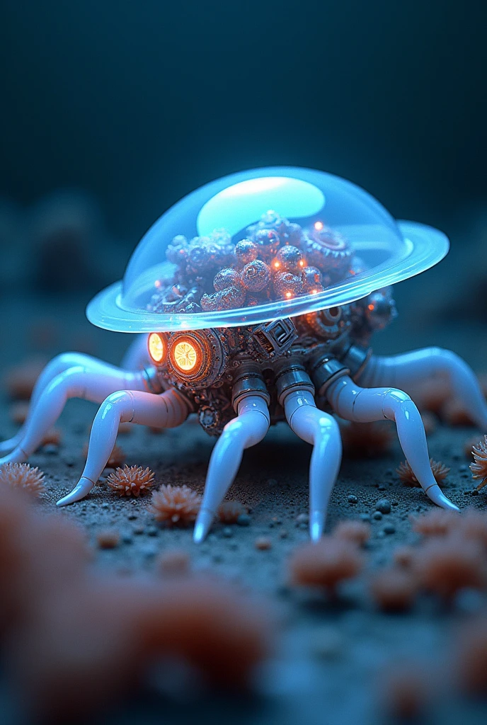 ( perfect anatomy ) Biomechanically glowing eight-legged sea creature octopus head，Made of metal and gears，The shell is very transparent，movie light head，The shell is very transparent，Smooth and soft to the touch(Partially transparent design lets you see the inner workings) ，bioluminescencebasketfluorescent (Mechanical giant octopus )Dark blue deep sea bottom soft feeling sea anemone ethereal mysterious creature intricate dynamic close-up background, Delicate and surreal science fiction art aesthetic light and shadow movie special effects high resolution image surreal texture high resolution, Digital painting, Delicate and dynamic rendering, super high quality, masterpiece, Super detailed, Highest quality animation style high definition presentation
