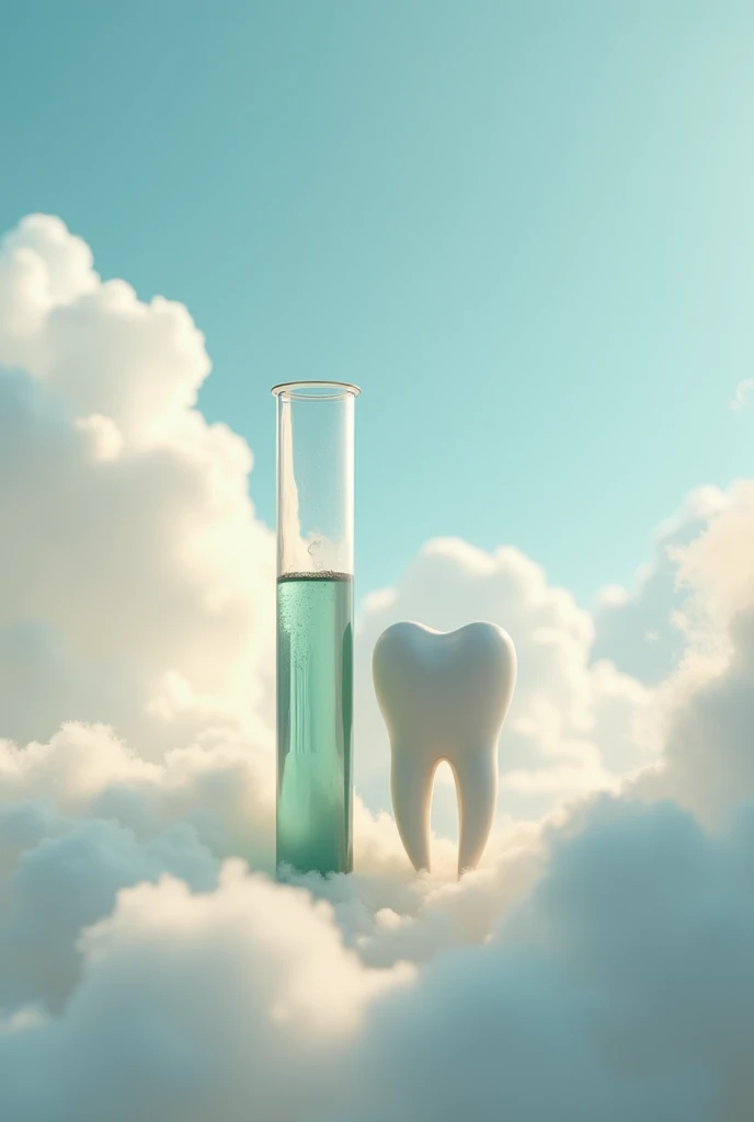 Test tube representing the man and a tooth representing the woman in love with a surreal photo of clouds.