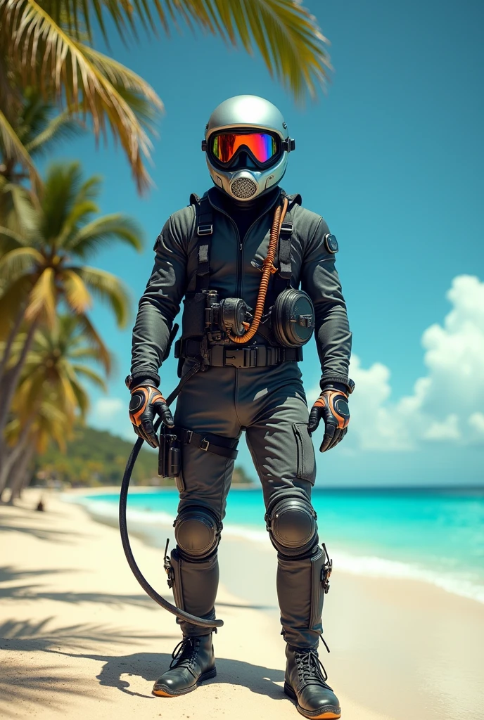 1 man, silver motorcycle helmet, snorkeling mask, tropical beach background, crystal clear blue ocean water, palm trees, sandy beach, sun shining, realistic, photorealistic, 8k, extremely detailed, best quality, masterpiece, vibrant colors, natural lighting