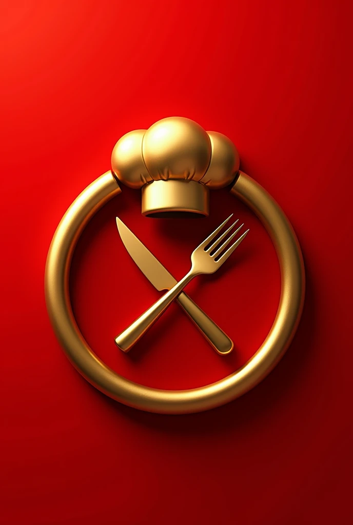 Vectorized round pin made of metal with a chef's hat and crossed chef's fork and knife model, the items being golden the metal pin with a red background. All items must be centered within the Pin