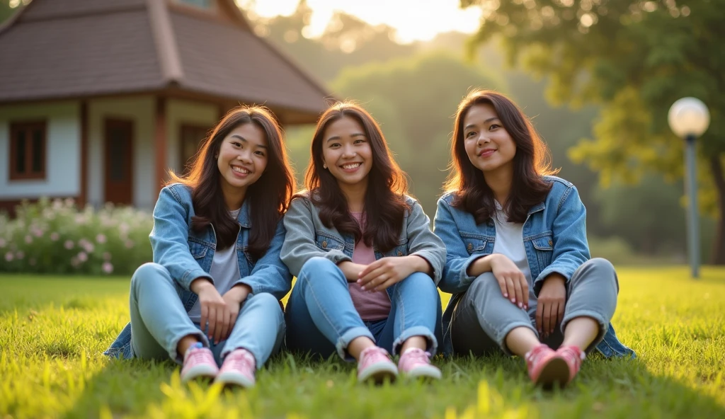 3 Beautiful Indonesian Women, his body is quite fat, fair skin, big nose, long wavy hair, wearing a denim jacket, long pants, wearing pink sneakers, sitting on the grass, his hands in front, happy faces all facing the camera, in front of the country house, morning mood, minimal defects, very detail, realistic, 8K picture