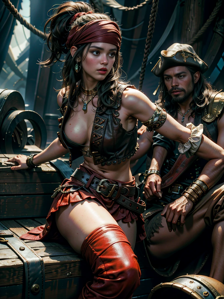 Beautiful Alluring Female pirate jenna ortega, Bare oily Skin, Athletic Well Toned Body, open vest, frilly revealing white shirt, pirate pants, leather belt, red bandana, cleavage, Barely Clothed, pirate theme Theme, nautical theme, Beautiful D&D Character Portrait, Beautiful Face, Ominous, Dark Fantasy, Fiverr Dnd Character, Octane Render, Digital Art, Extreme Detail, 4k, Ultra Hd, Polished, Beautiful, Hyperdetailed, Intricate, Elaborate, Meticulous, Photorealistic, Sharp Focus, Wlop, Character Design, Unreal Engine, 3d Rendered, Volumetric Lighting, Reflections, Glossy, Digital Illustration, Sensual Pose, Suggestive Pose, Full Body Shot, exposed breasts, small perky breasts, visible nipples, (subtle ndity:1.1)