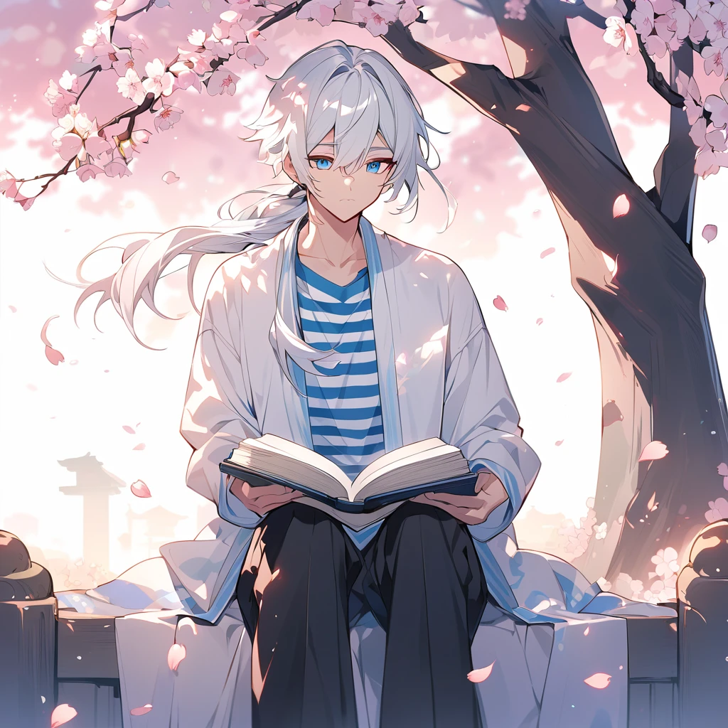 **Anime Style Description:** A boy in anime style with white hair and blue eyes, with fair skin, is sitting under a cherry blossom tree in full bloom. He holds a book with a thoughtful expression. He wears a black and white striped long-sleeve shirt and black pants. The tips of his hair have blue streaks, adding a vibrant touch to his appearance. The background is filled with gently falling cherry blossom petals, creating a serene and enchanting atmosphere.