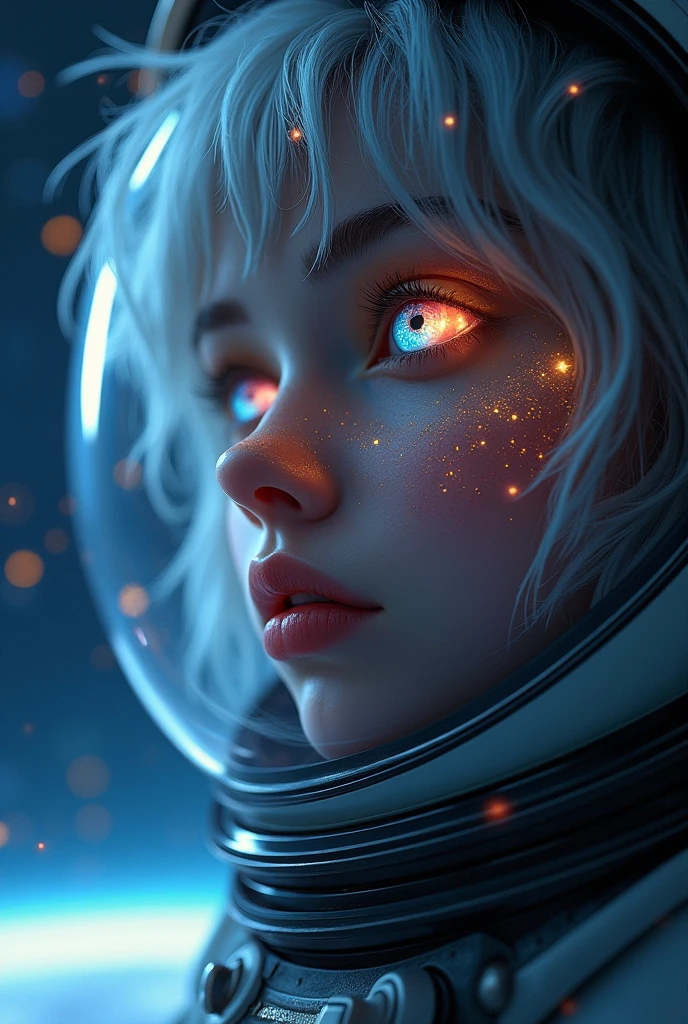 (Close-up of a better masterpiece:1.5)0.9], (Space and astronauts:1.2) (Messy silver hair:1.1) (Heterochromia xanthochromia and blue eyes:1.2) (Space Helmet:1.0) (Colored stars in the eyes:1.0) (A radiant glow:1.1) (thick lips:0.9)