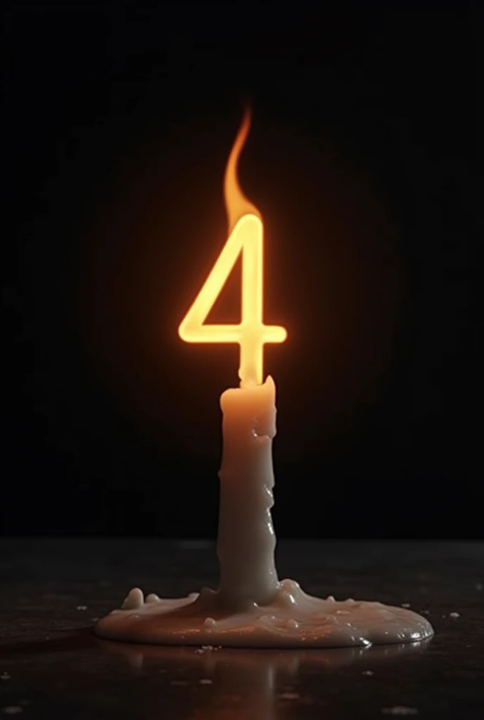 A lit candle, with the flame making the shape of the number "4", dark background illuminated by candle