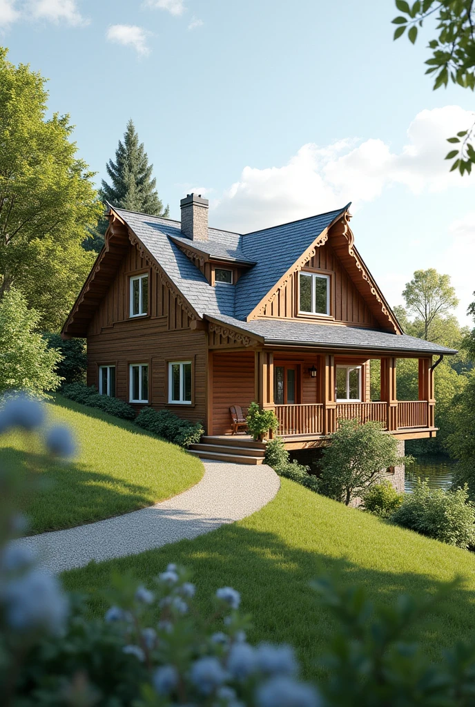 Design a beautiful and decorated house on a sloping plot, a simple house