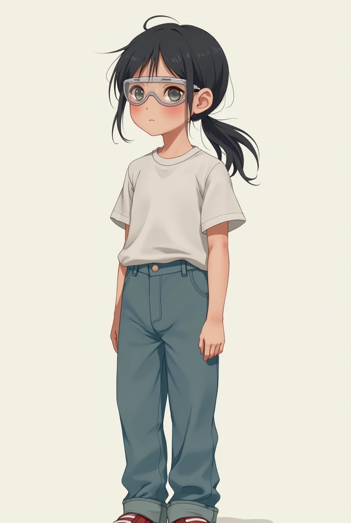 Boy with long hair poni tail and were a circle transparent
goglees small size
full body and slim boy with baggy jeans
Front face