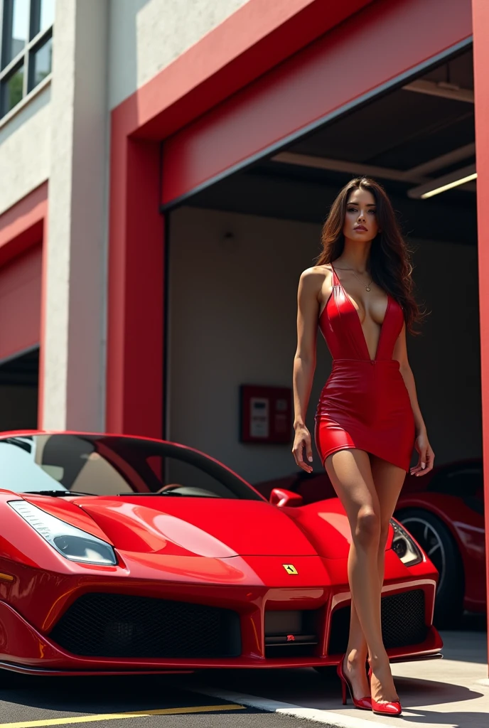 There is a red Ferrari parked near the garage., and next to her is a sexy girl