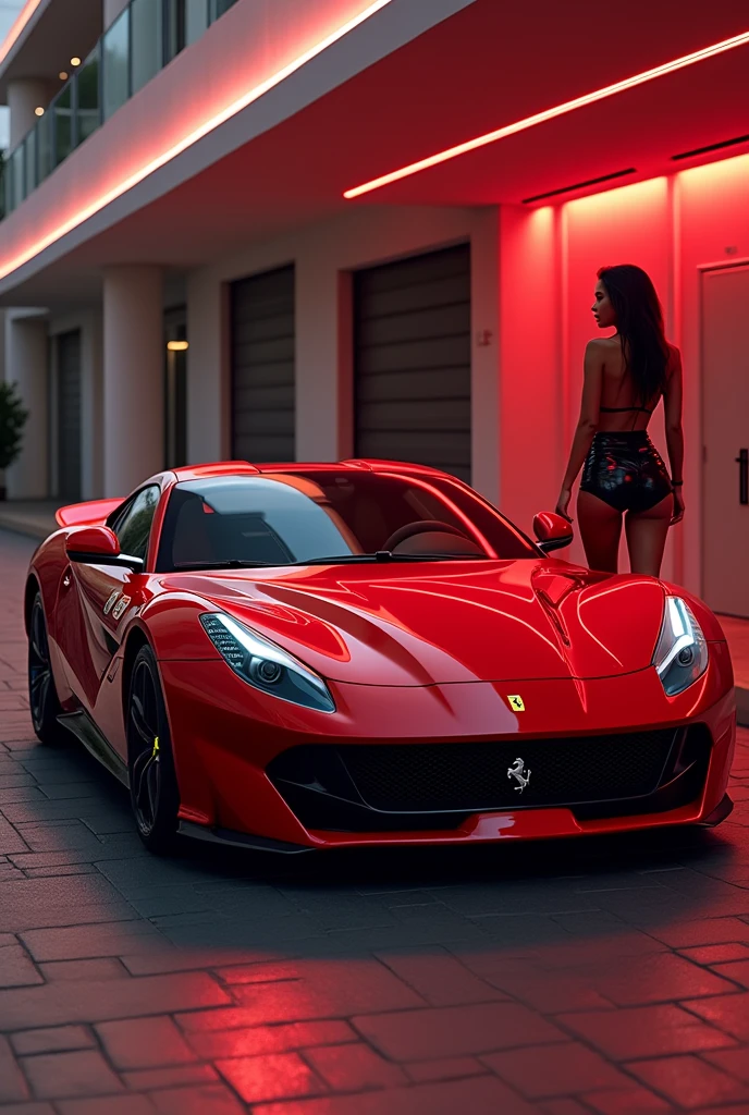 There is a red Ferrari parked near the garage., and next to her is a sexy girl