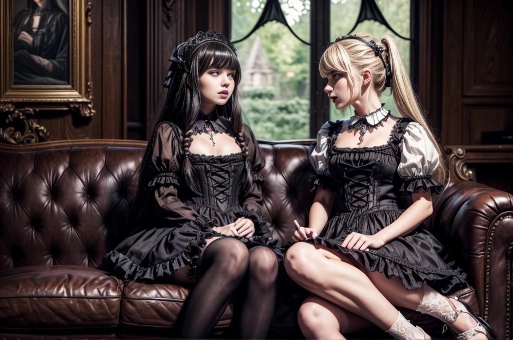 ((​masterpiece、top-quality)), (Photo realistic photography:1.4) , (2 gothic lolita:1.5), White Elegance, Highly detailed frills, (intricate details),2 different girls, English females, 18year old, Mystical Beautiful Girls, Very young faces, perfect anatomia, perfectly proportions, Very young figure, face perfect, Strong gothic makeup, Whitewashed face, Purple Lipstick, Purple eye shadow, (Heavy makeup:1.4), Pathological beauty, Bright on the face, Details of face, serious faces, blonde and black hair, Long straight hair, Parting aligned bangs, Hair that flutters in the wind, Gothic Lolita costumes, Black  bulging with panniers, Very short stature, Very small breasts, ((Two girls sitting close together on a lounge chair)), conceptual art, Reality, godrays, Cinematographic lighting, canon, high details, hiquality, HD fine, 16K resolution, Full body portrait, knee up shot