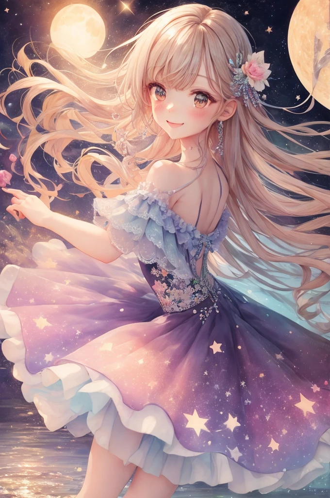 (masterpiece), (Highest quality) (Detailed art), smiling, The night sky is sparkling with stars, the moon is shining, ballerinas are dancing, pastel colors, kawaii, cute colors, pastel, kawaii pastels