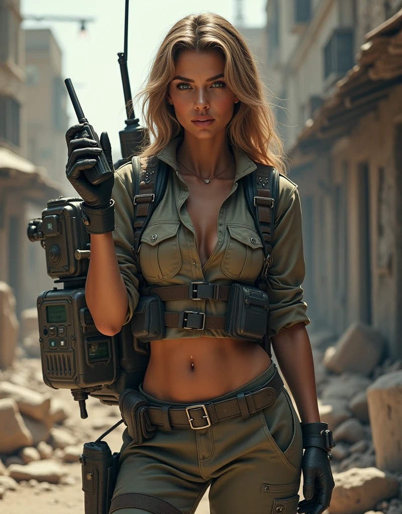 (Photorealism:1.2), sexy woman soldier, holding a walkie talkie. Carrying large communications equipment on his back.