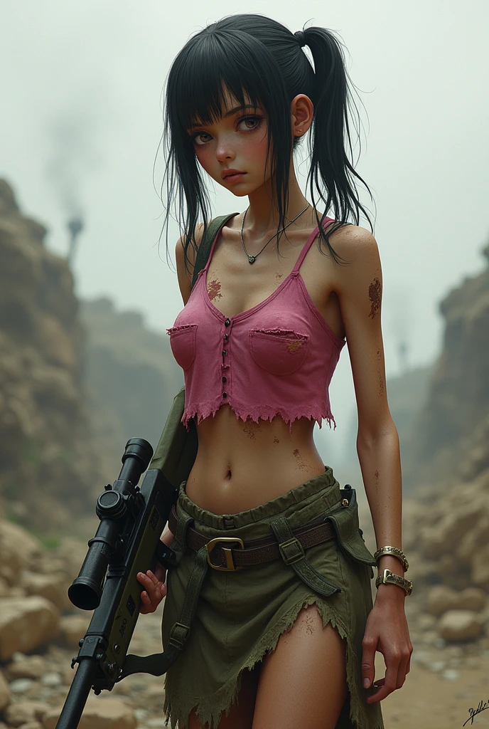 Nationality Asian British mixed,
Gender Female,
A skinny and emaciated body,
soldier ,During the war, she was shooting with an M110 sniper rifle. She had pigtails, a deep pink torn top, and a torn skirt.
