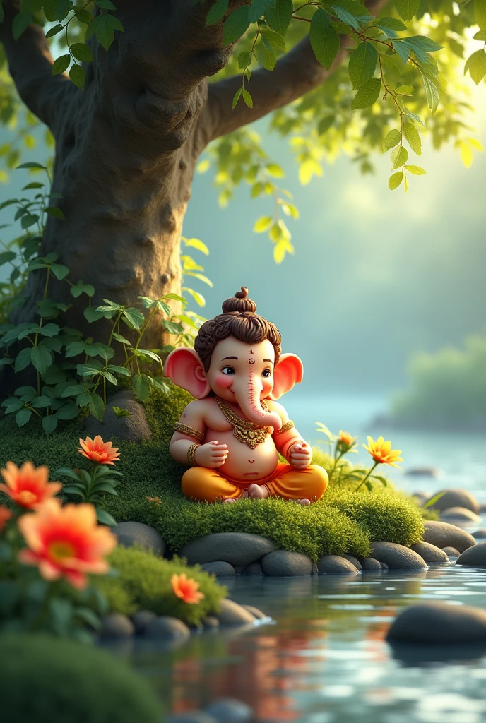 Too small ganesha age is below 4 with hairs in head sitting under a tree near river realistic atmosphere with lot of flowers and his vehicle small rat